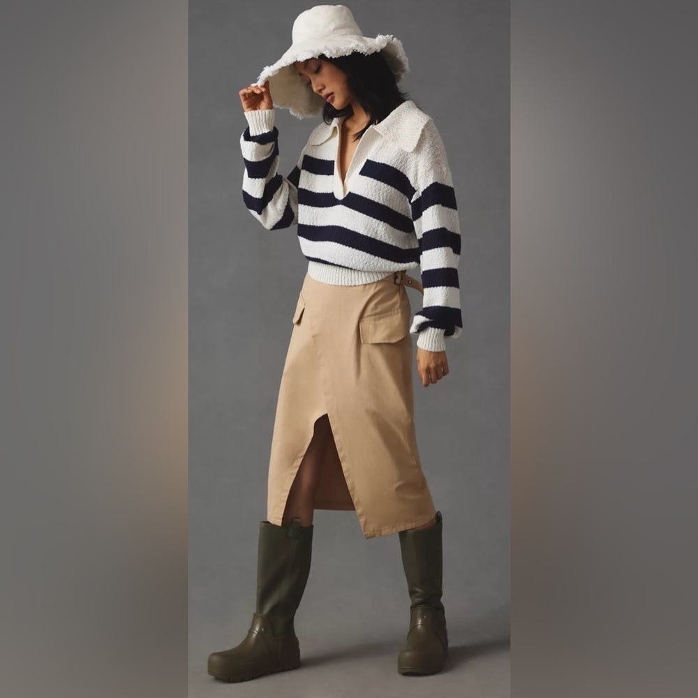 Anthropologie Maeve V-Neck Polo Sweater In Navy and Cream Stripe Size Medium